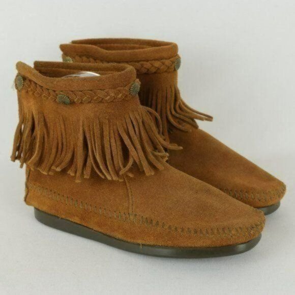 Minnetonka Women's Size 5.5 Brown Suede Double Fringe Zip Up Ankle Moccasins - Picture 1 of 11